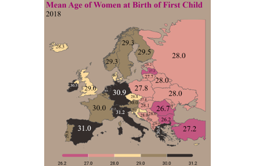 Mean Age of Women at Birth of First Child in Europe (2018)